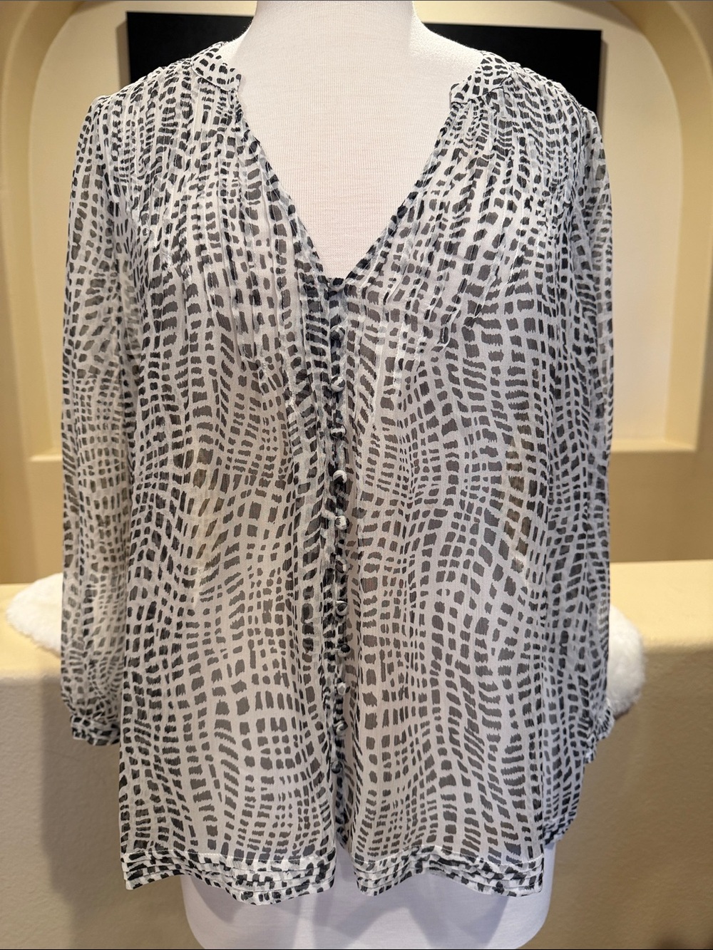 Joie Silk Black and White Printed Sheer Button Blouse